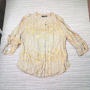 xl a.n.a women's yellow geometric houndstooth roll tab sleeve pleated blouse top